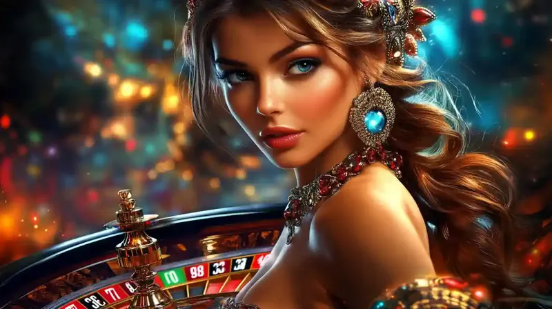 Elegant woman at roulette wheel in glamorous casino with sparkling lights