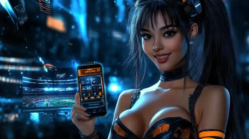 Woman displaying mobile casino app with live sports arena in background