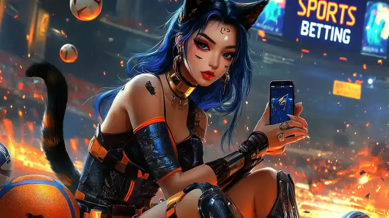 Young woman holding smartphone with sports betting app in dynamic arena setting